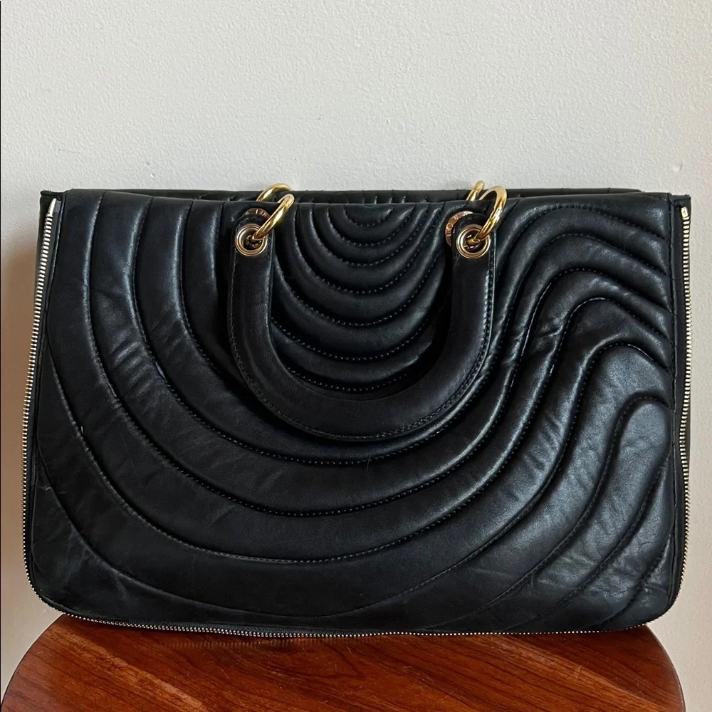 Henri Bendel Black Quilted lambskin Satchel with Gold Details